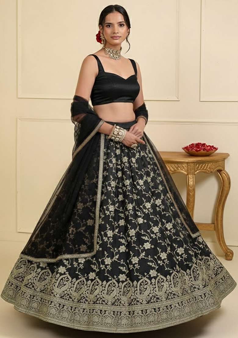 Black Zari Tissue Lehenga Set - Indya