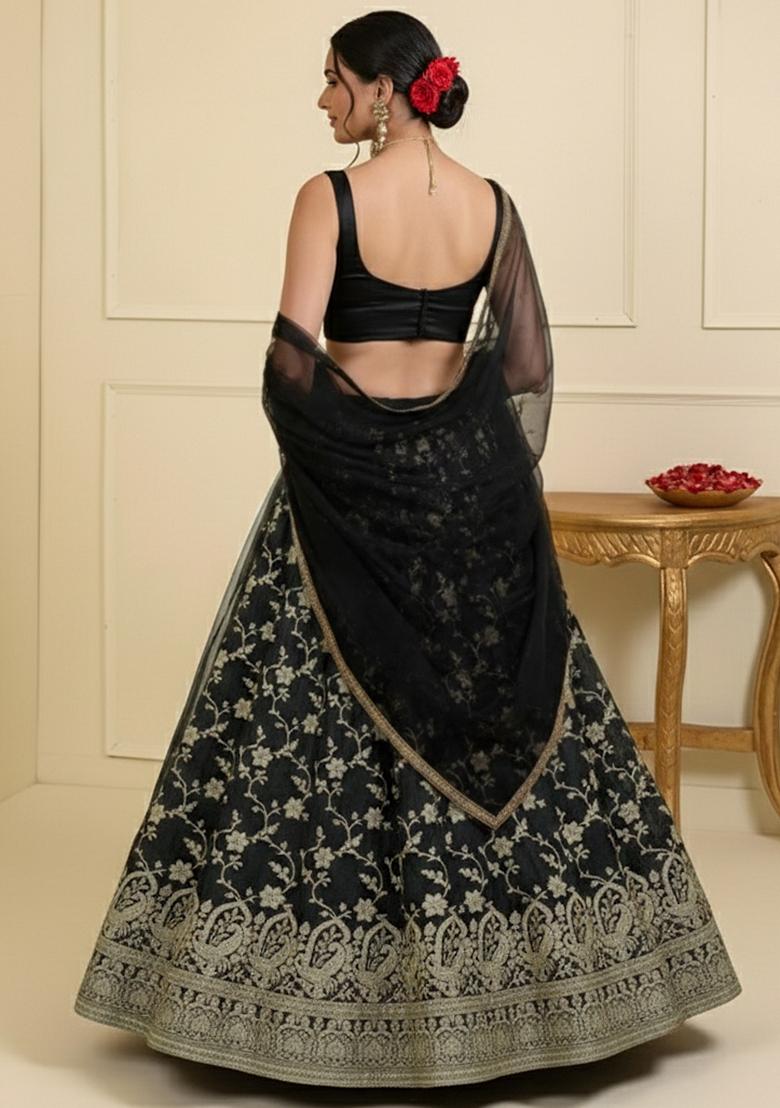 Black Zari Tissue Lehenga Set - Indya