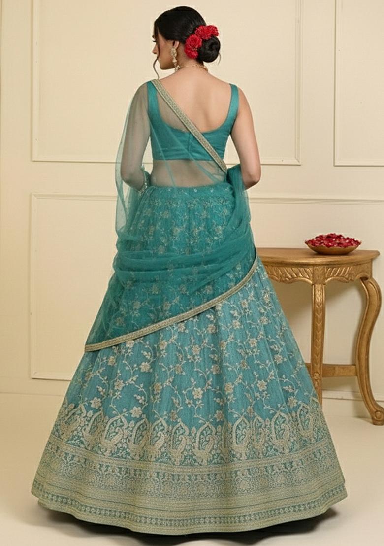 Blue Zari Tissue Lehenga Set - Indya