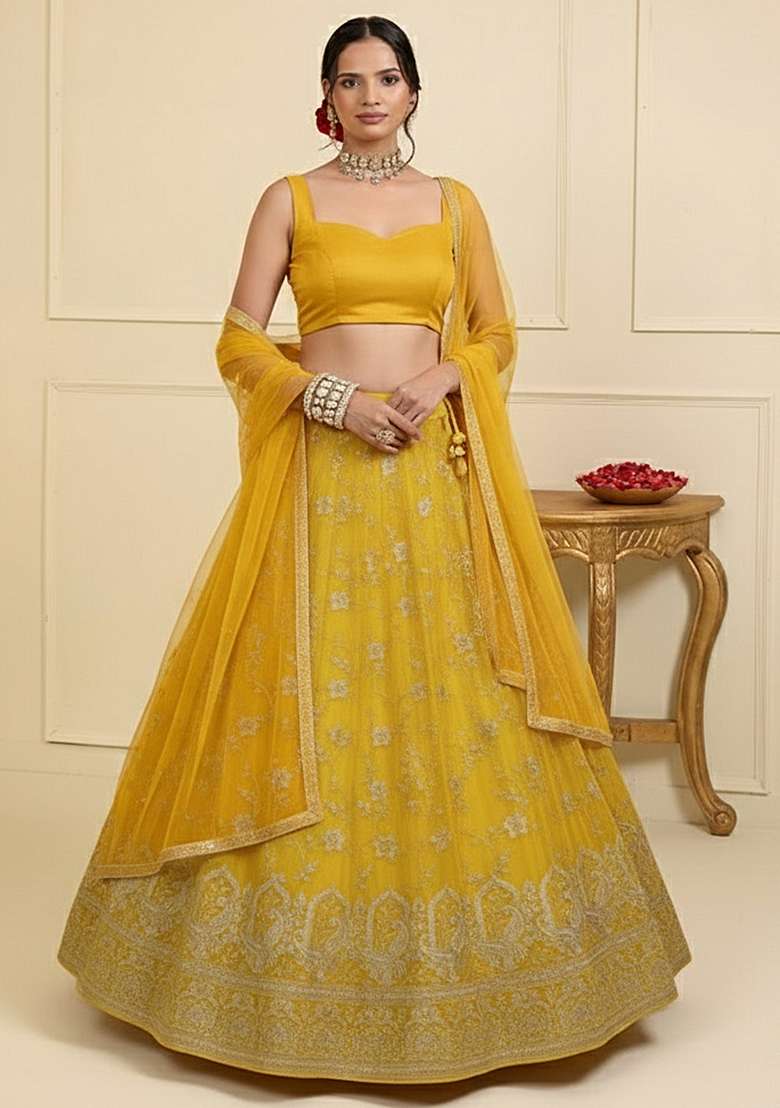 Yellow Zari Tissue Lehenga Set - Indya