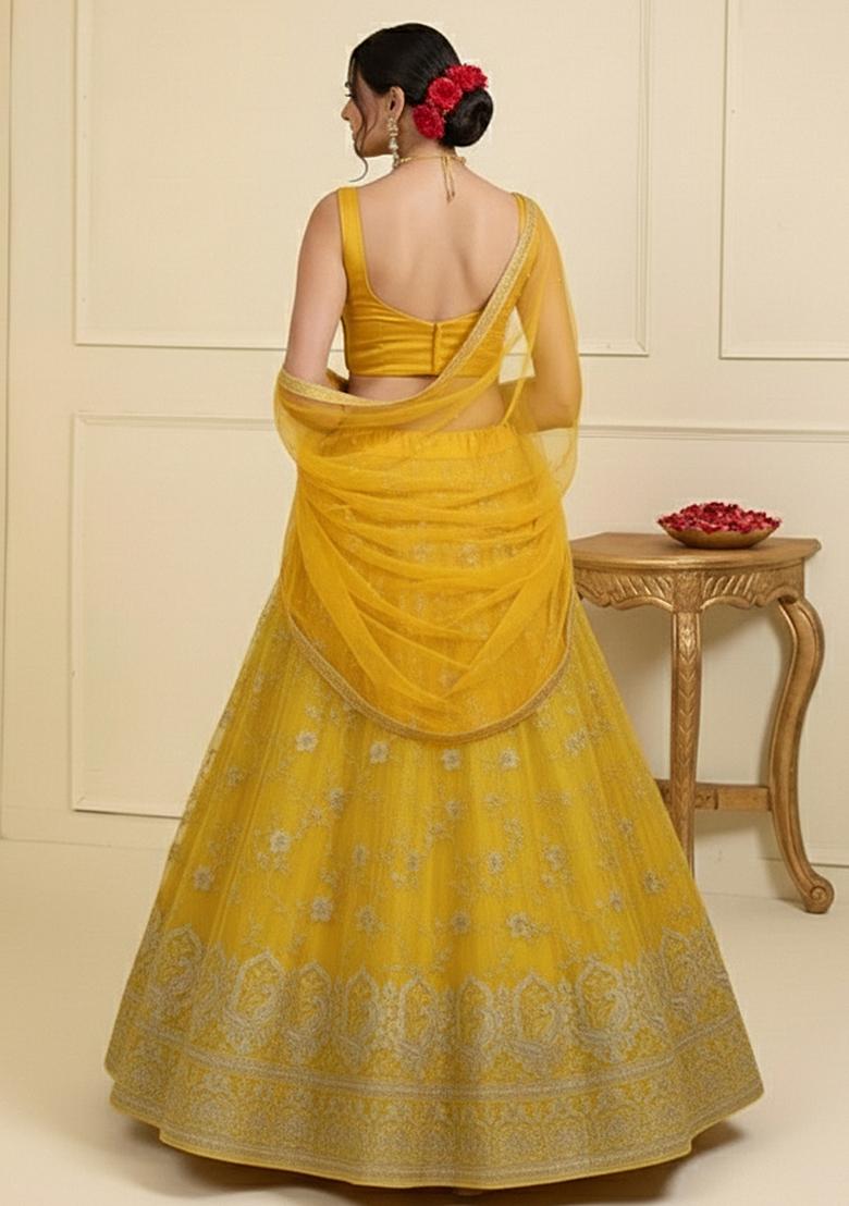 Yellow Zari Tissue Lehenga Set - Indya