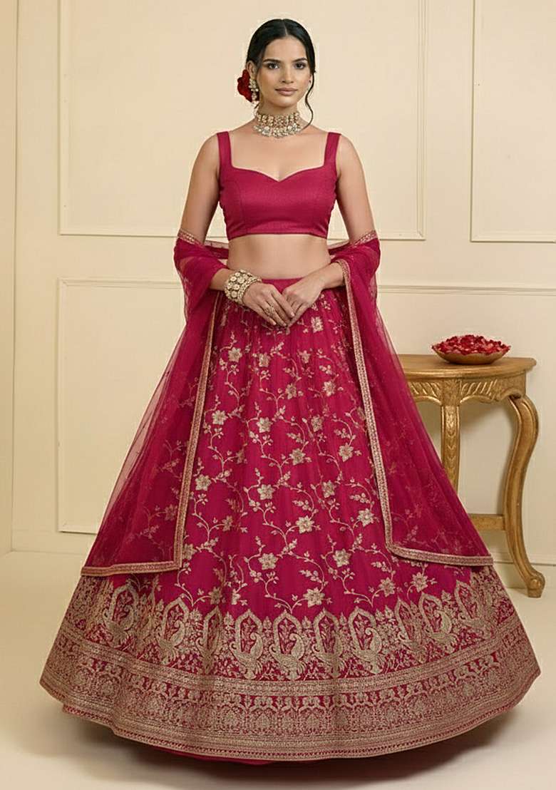 Rani Pink Zari Tissue Lehenga Set - Indya