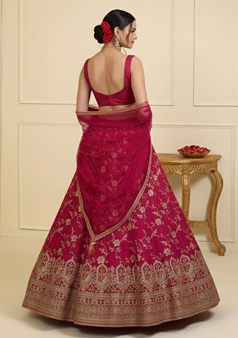 Rani Pink Zari Tissue Lehenga Set - Indya