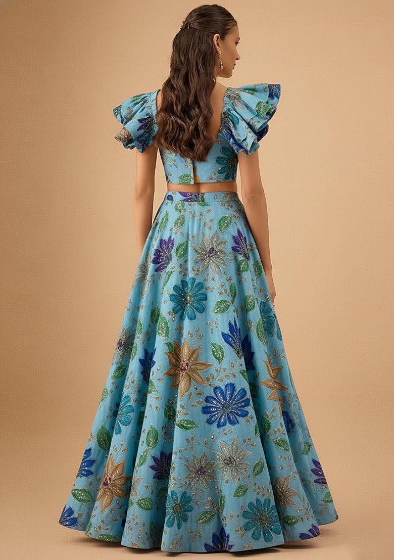 Blue Embroidered Lehenga Set - Indya