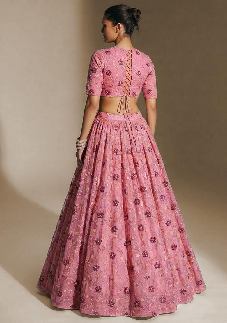 Pink Embroidered Silk Lehenga Set - Indya