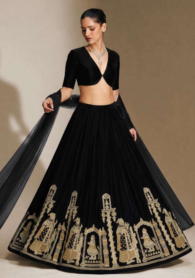 Black Embroidered Velvet Lehenga Set - Indya