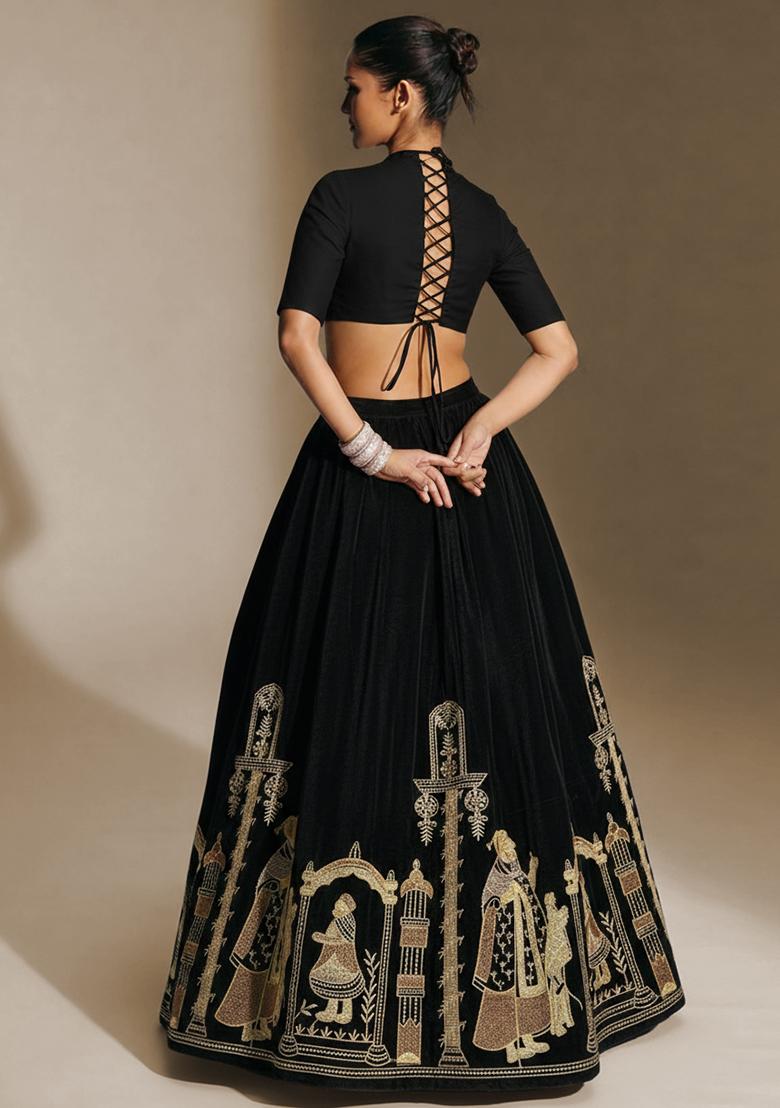 Black Embroidered Velvet Lehenga Set - Indya