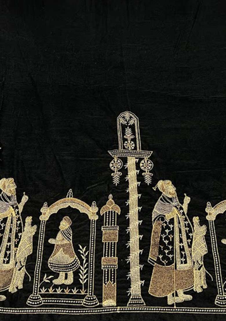 Black Embroidered Velvet Lehenga Set - Indya
