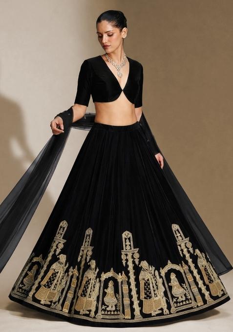 Black Embroidered Velvet Lehenga Set