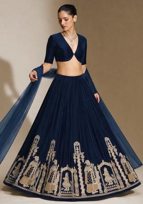 Navy Blue Embroidered Velvet Lehenga Set