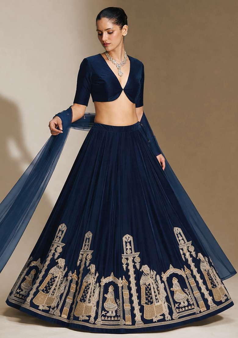 Navy Blue Embroidered Velvet Lehenga Set - Indya