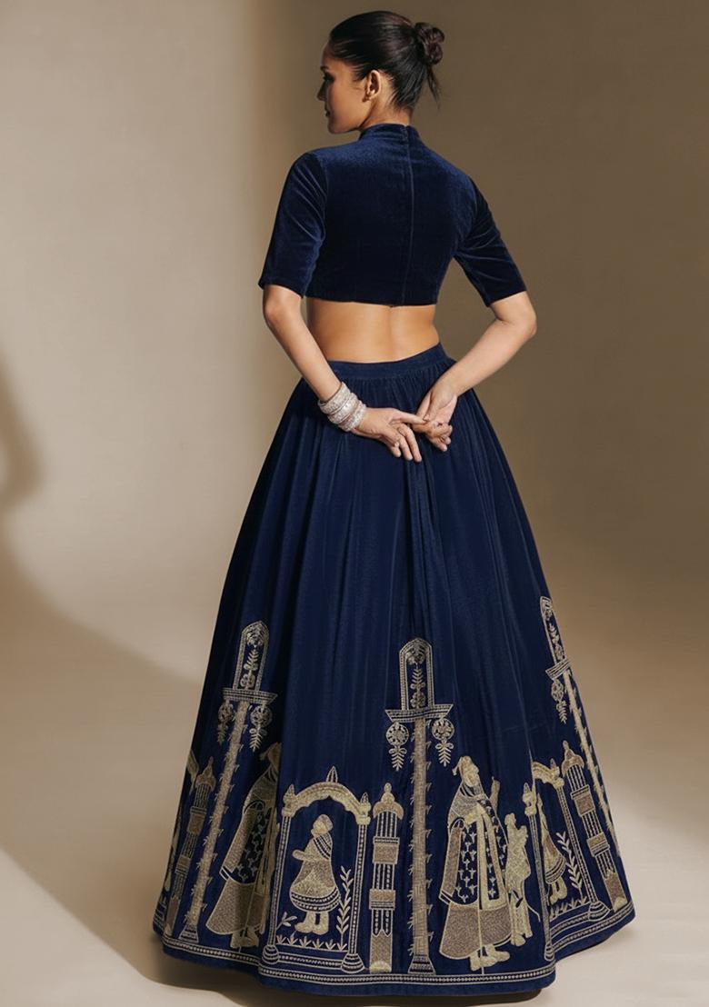 Navy Blue Embroidered Velvet Lehenga Set - Indya
