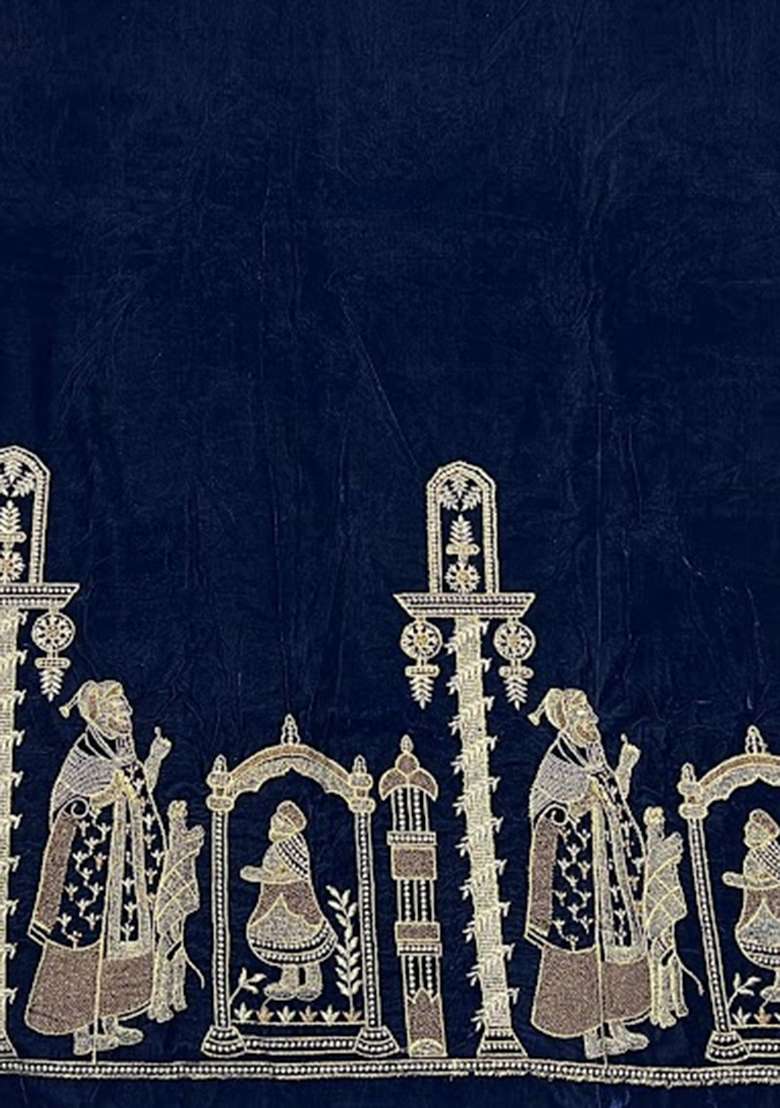 Navy Blue Embroidered Velvet Lehenga Set - Indya
