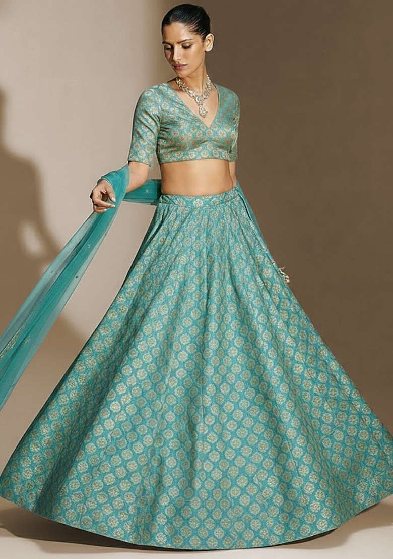 Blue Brocade Lehenga Set for Diwali | Wedding & Festive Wear - Indya
