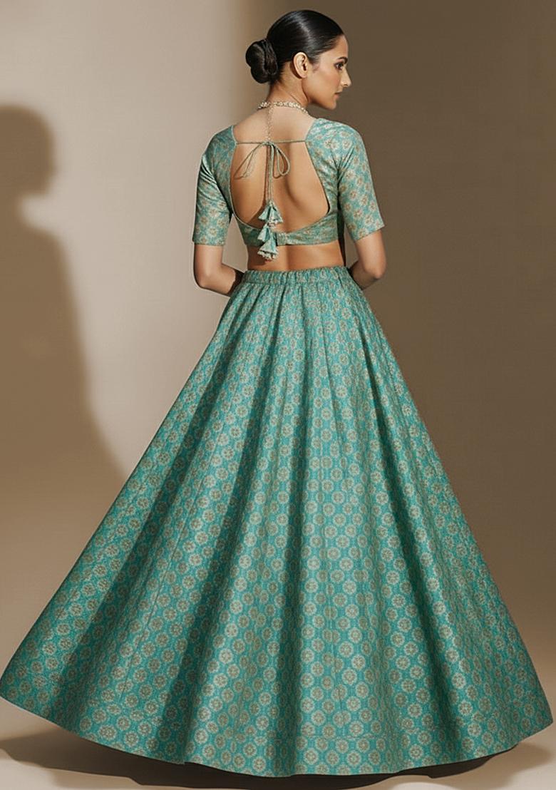 Blue Brocade Lehenga Set - Indya