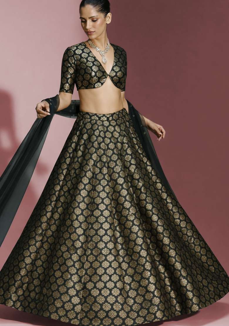 Black Brocade Lehenga Set for Diwali | Wedding & Festive Wear - Indya
