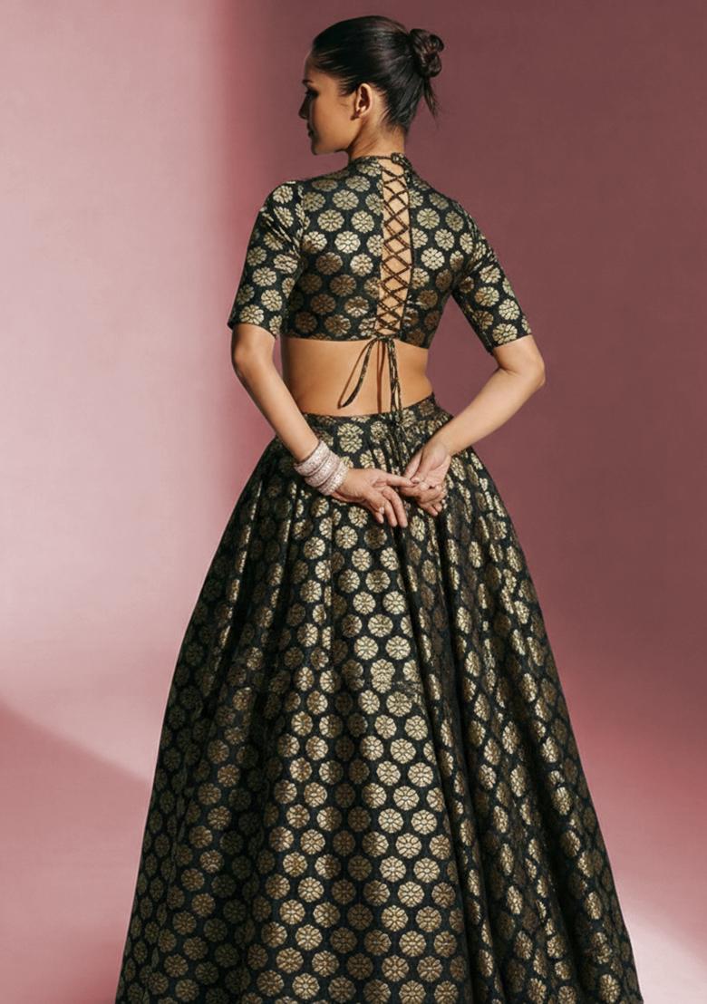 Black Brocade Lehenga Set - Indya