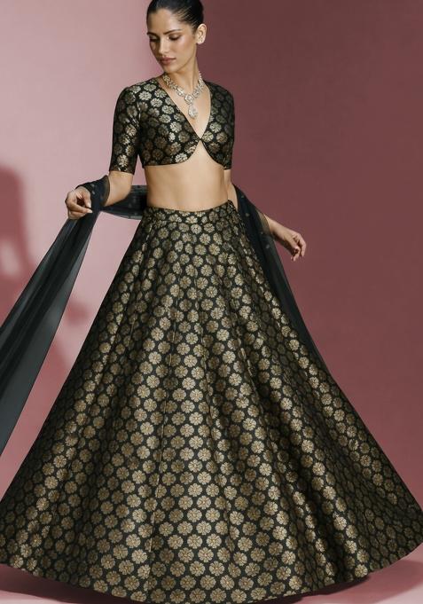 Black Brocade Lehenga Set