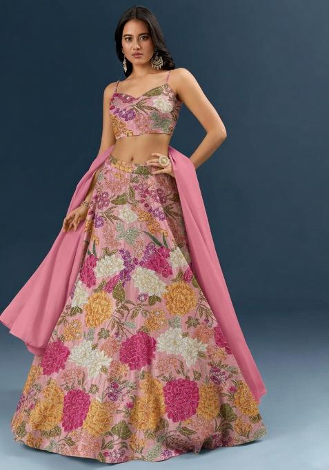 Pink Floral Print Crepe Lehenga Set
