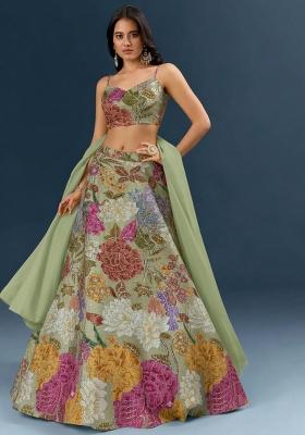 Olive Green Floral Print Crepe Lehenga Set