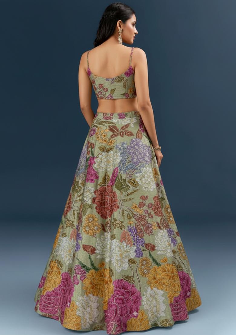 Olive Green Floral Print Crepe Lehenga Set - Indya
