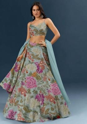 Powder Blue Floral Print Crepe Lehenga Set