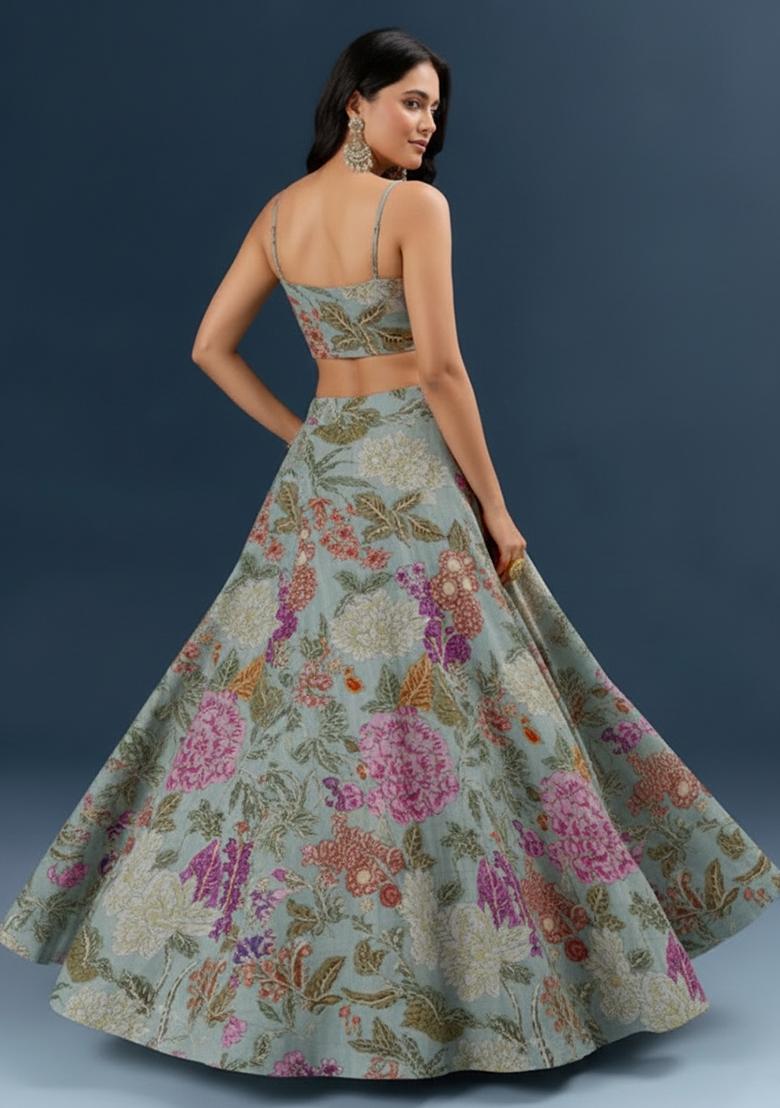 Powder Blue Floral Print Crepe Lehenga Set - Indya