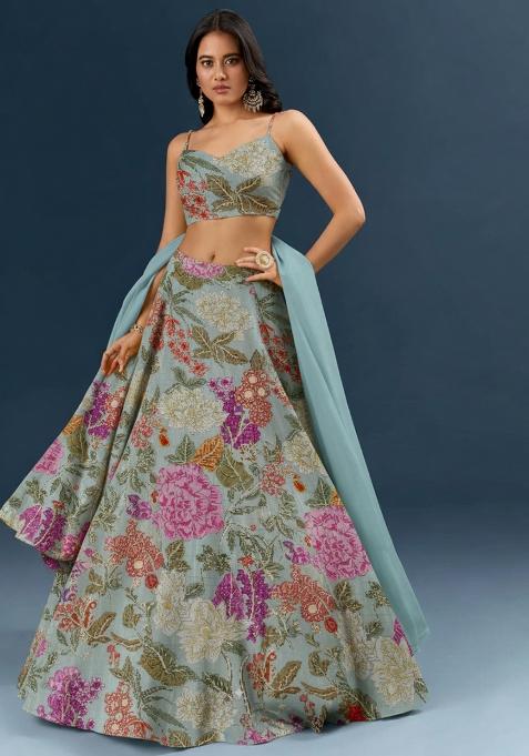Powder Blue Floral Print Crepe Lehenga Set
