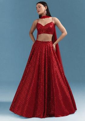 Red Embroidered Georgette Lehenga Set