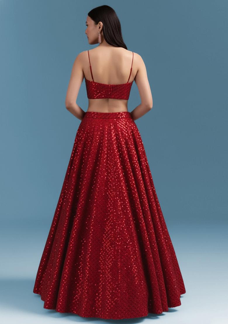 Red Embroidered Georgette Lehenga Set - Indya