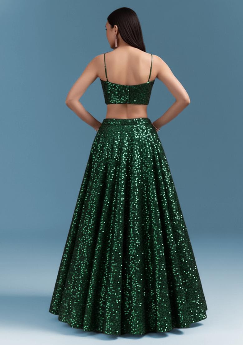 Bottle Green Embroidered Georgette Lehenga Set - Indya