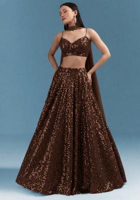 Brown Embroidered Georgette Lehenga Set