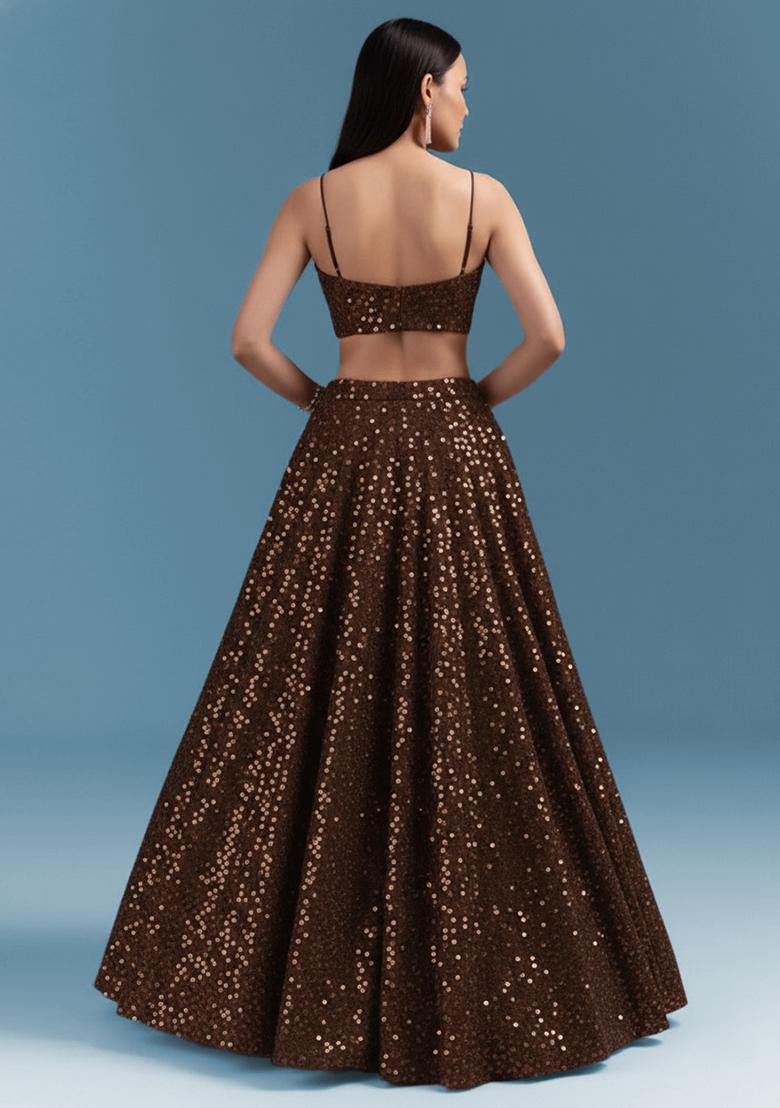 Brown Embroidered Georgette Lehenga Set - Indya