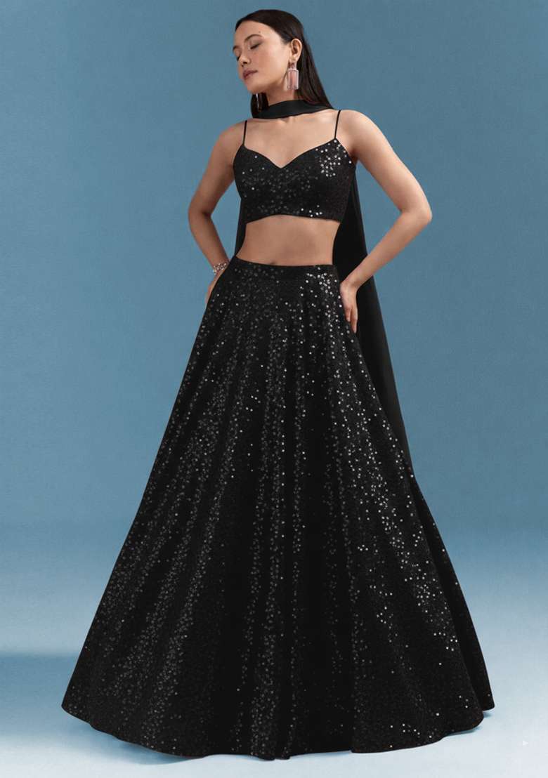 Black Embroidered Georgette Lehenga Set - Indya