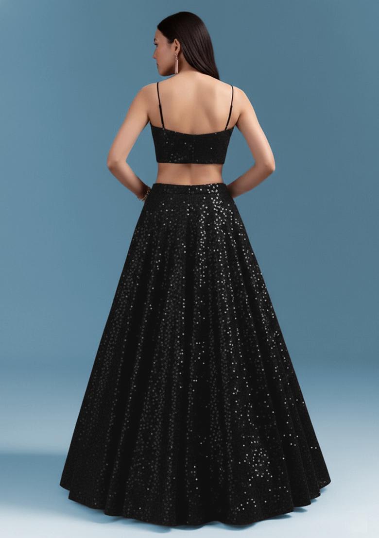 Black Embroidered Georgette Lehenga Set - Indya