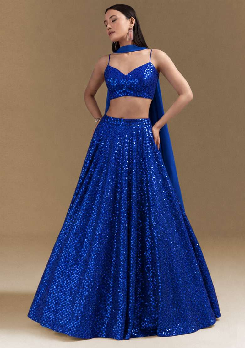 Royal Blue Embroidered Georgette Lehenga Set - Indya