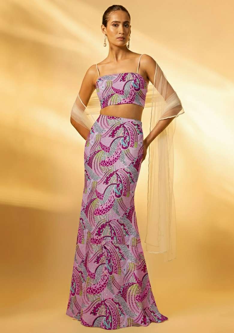 Pink Abstract Print Crepe Fusion Set - Indya