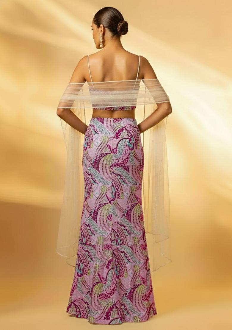 Pink Abstract Print Crepe Fusion Set - Indya