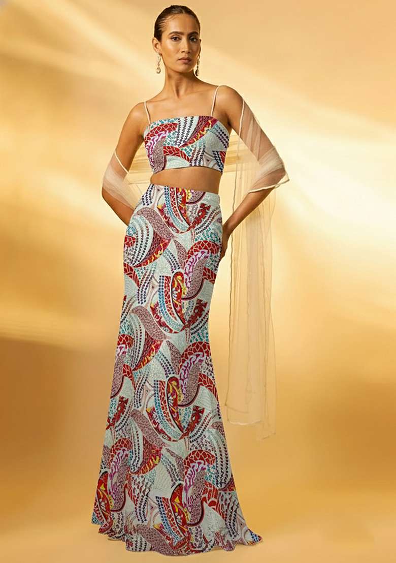 Multicolor Abstract Print Crepe Fusion Set - Indya