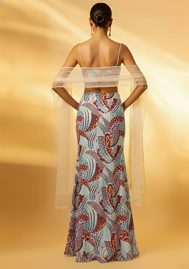 Multicolor Abstract Print Crepe Fusion Set - Indya