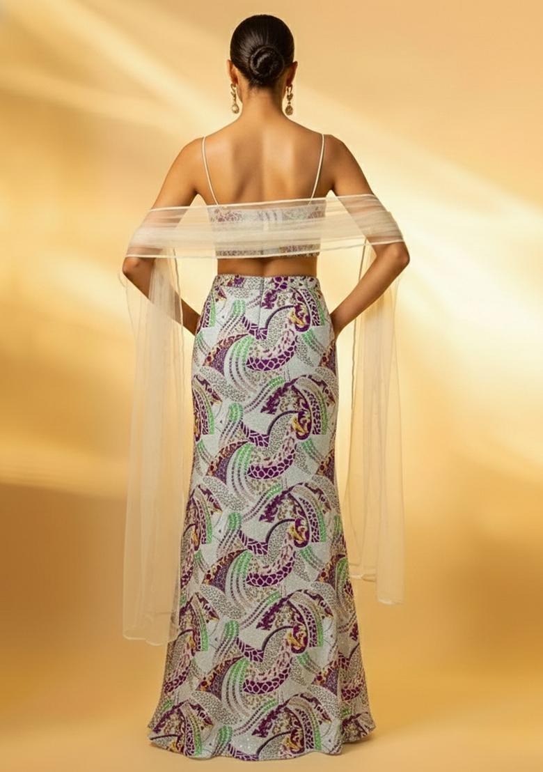 Multicolor Abstract Print Crepe Fusion Set - Indya