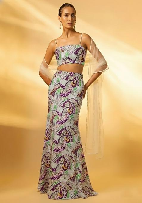 Multicolor Abstract Print Crepe Fusion Set