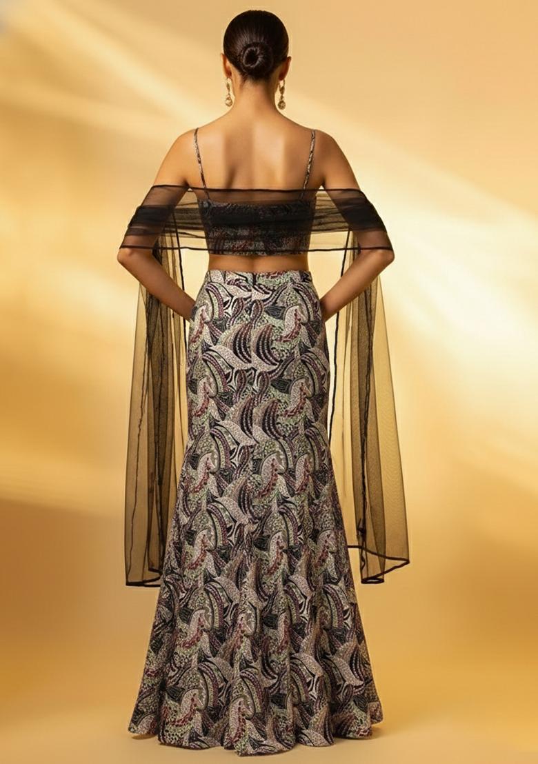 Multicolor Abstract Print Crepe Fusion Set - Indya