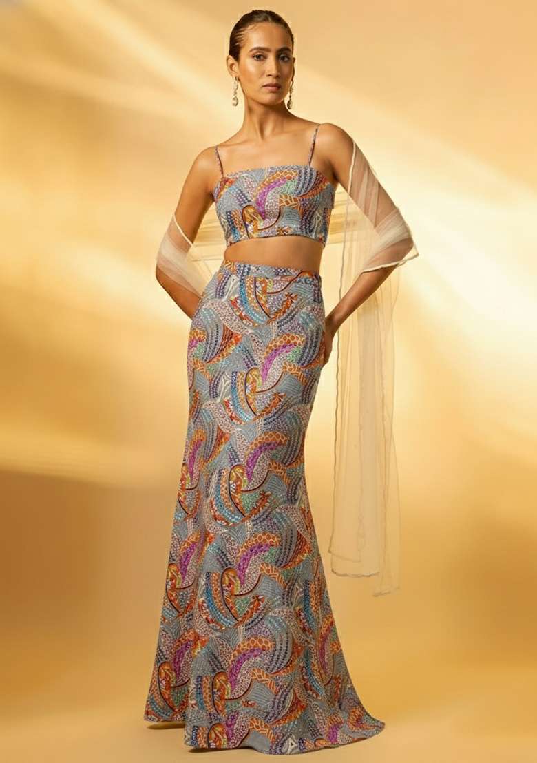 Multicolor Abstract Print Crepe Fusion Set - Indya