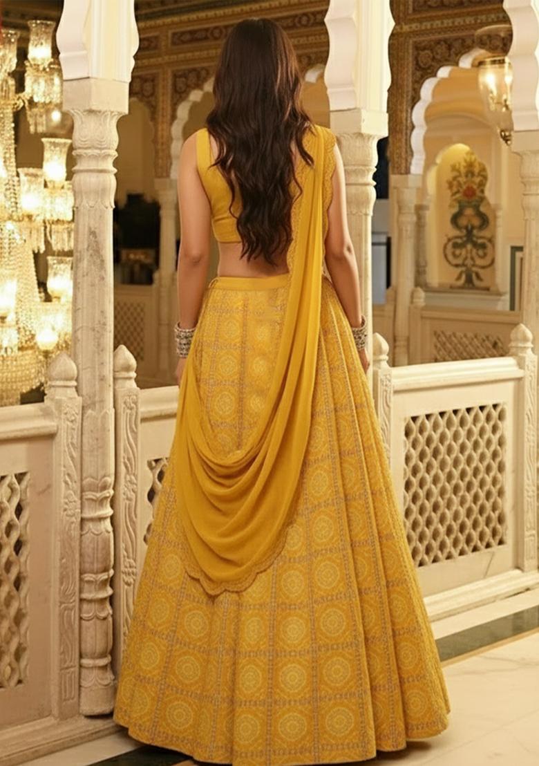 Mustard Yellow Printed Crepe Lehenga Set - Indya