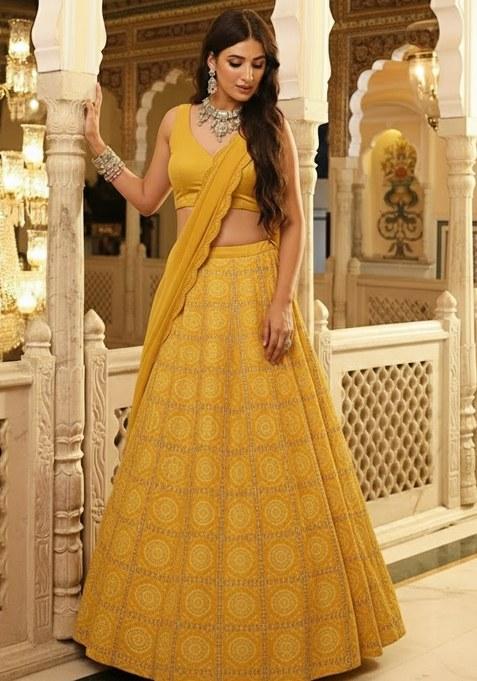 Mustard Yellow Printed Crepe Lehenga Set