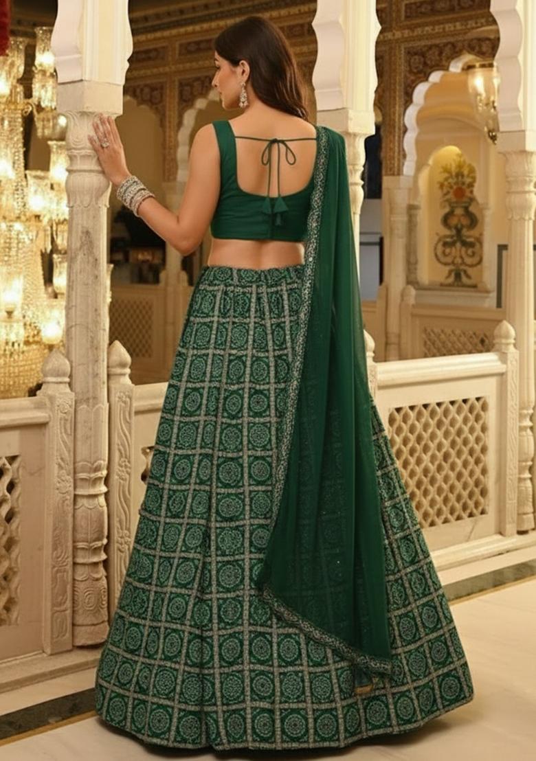 Green Printed Crepe Lehenga Set - Indya