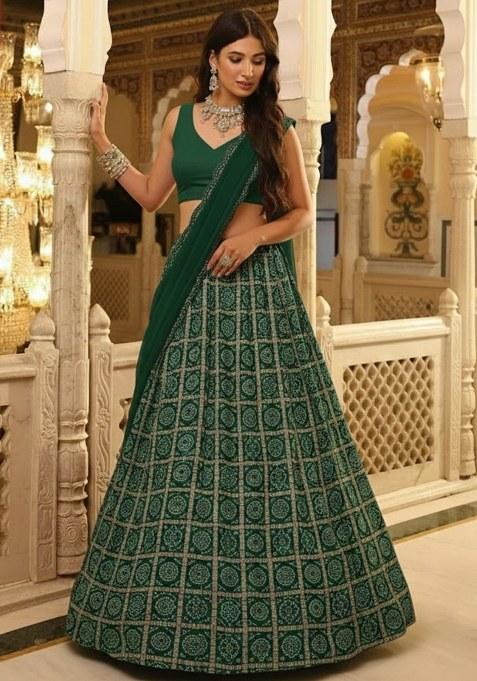 Green Printed Crepe Lehenga Set