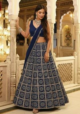 Navy Blue Printed Crepe Lehenga Set