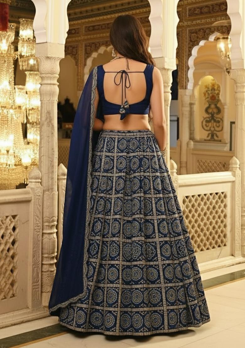 Navy Blue Printed Crepe Lehenga Set - Indya